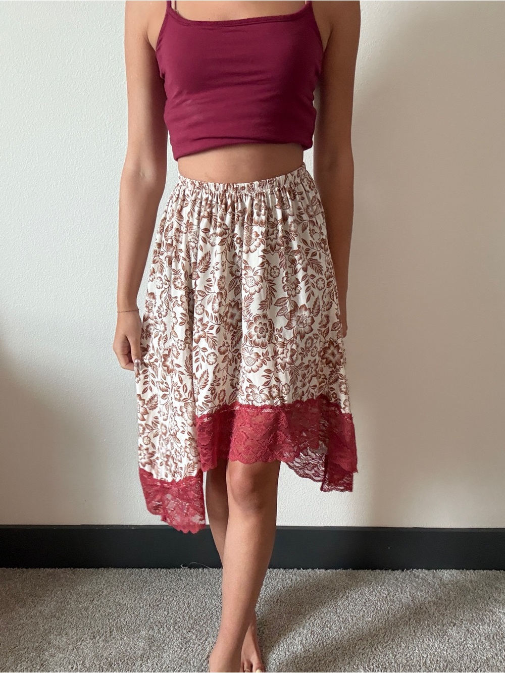 Floral Print Ivory Skirt with Burgundy Lace Trim